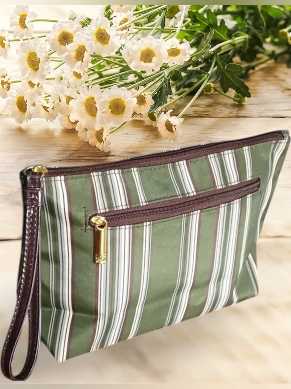 Estée Lauder Cosmetic Bag Makeup Travel Case Green Brown Striped NEW